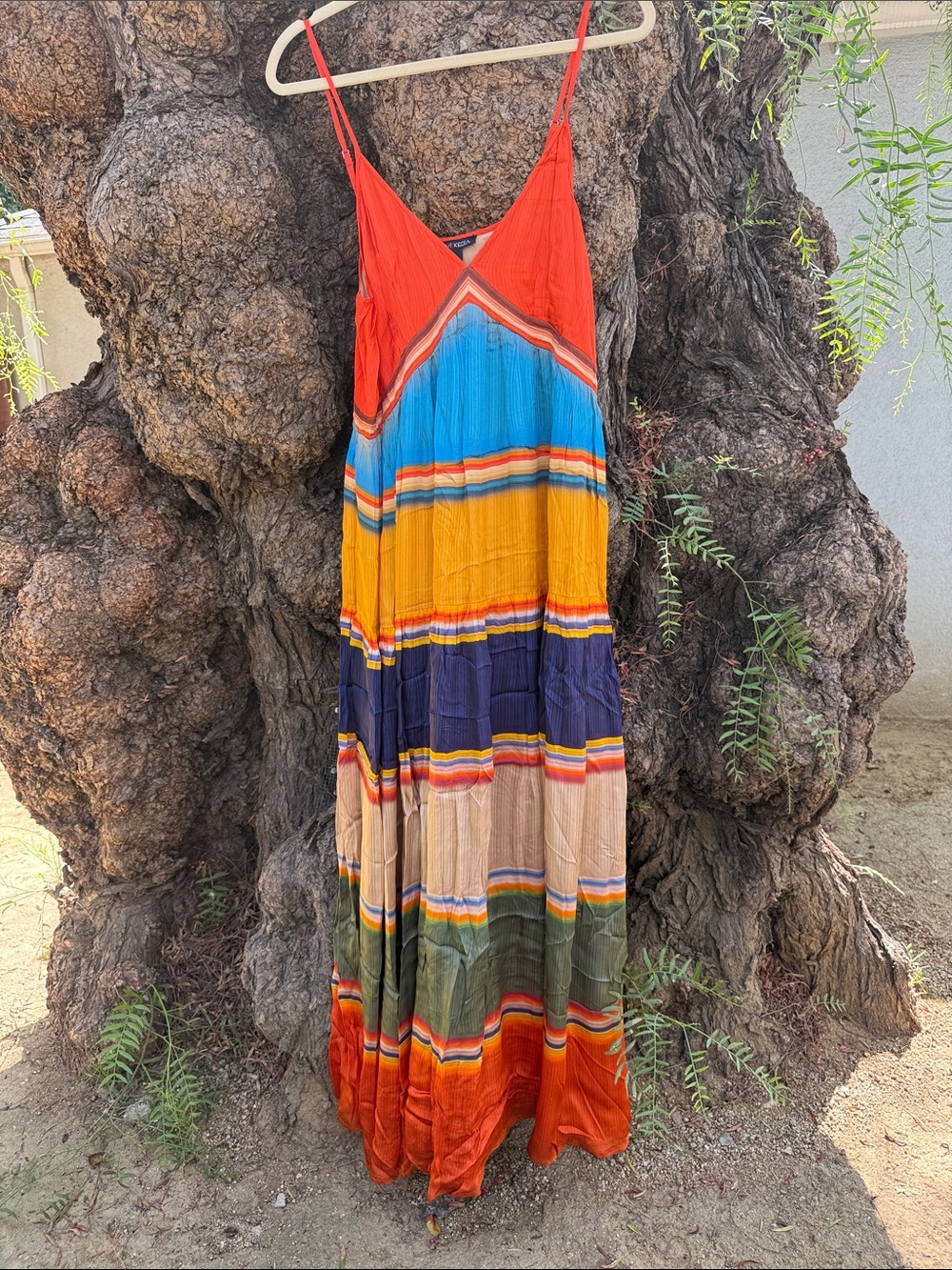 Boho Multicolor Stripe Maxi Dress with Spaghetti Straps - Orange, Blue, Yellow